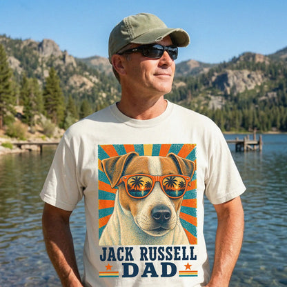 Retro Jack Russell Dad design on a Ivory Comfort Colors T-shirt worn by a model