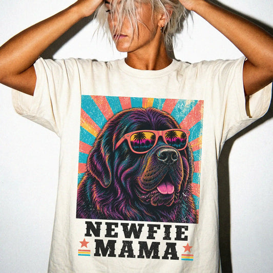 Retro Newfie Mama design on a Ivory Comfort Colors T-shirt worn by a model