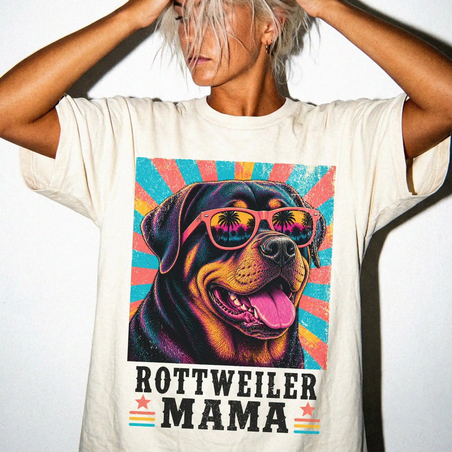 Retro Rottweiler Mama design on a Ivory Comfort Colors T-shirt worn by a model