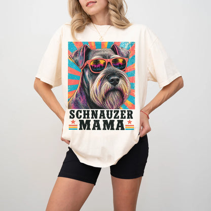 Retro Schnauzer Mama design on a Ivory Comfort Colors T-shirt worn by a model