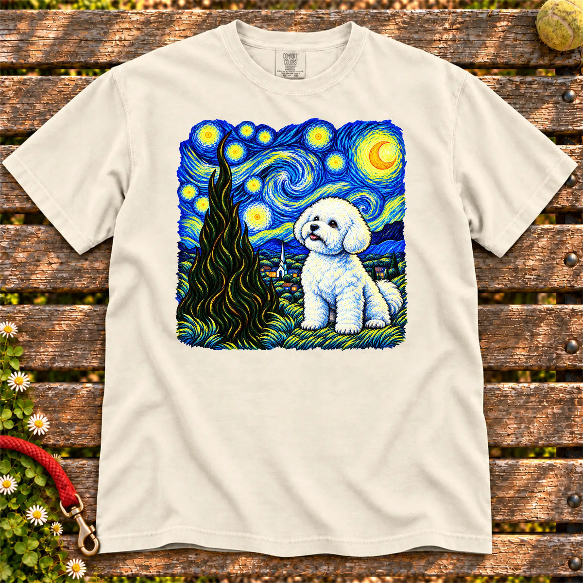 Colorful Bichon Frise beneath a swirling starry night sky on a Ivory T-shirt