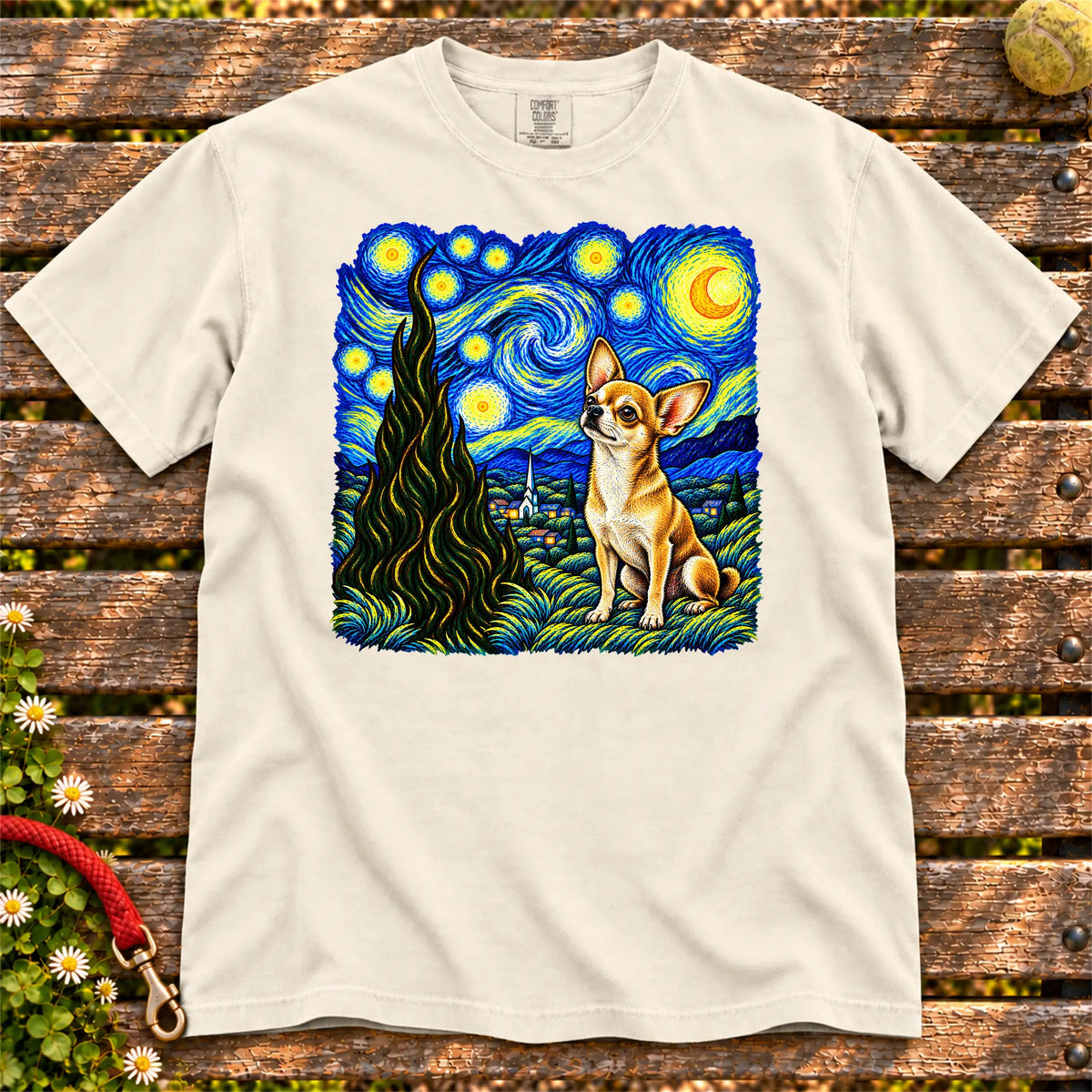 Colorful Chihuahua beneath a swirling starry night sky on a Ivory T-shirt