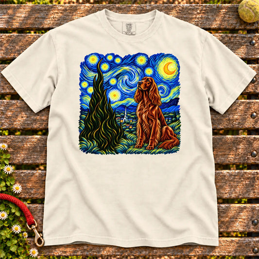 Colorful Irish Setter beneath a swirling starry night sky on a Ivory T-shirt