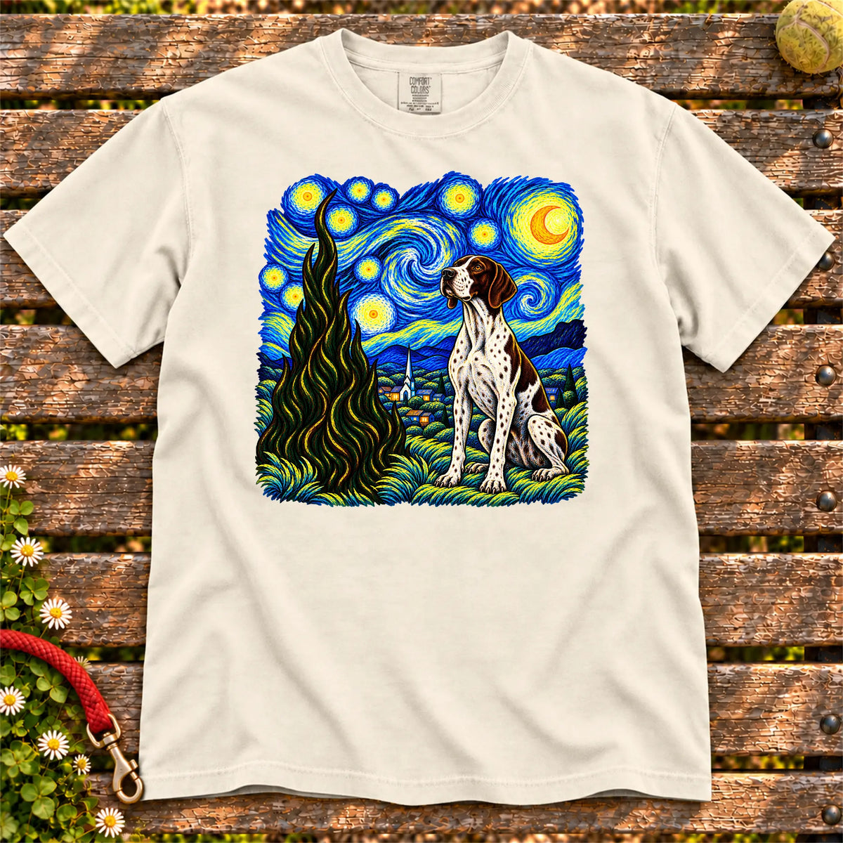 Colorful Pointer beneath a swirling starry night sky on a Ivory T-shirt