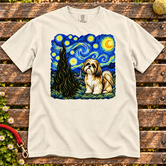 Colorful Shih Tzu beneath a swirling starry night sky on a Ivory T-shirt