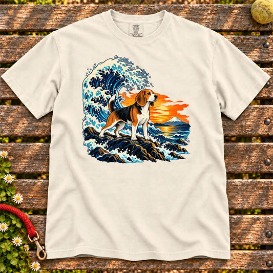 Beagle dog with ocean waves, sunset and Mount Fuji on a Ivory Comfort Colors T-shirt
