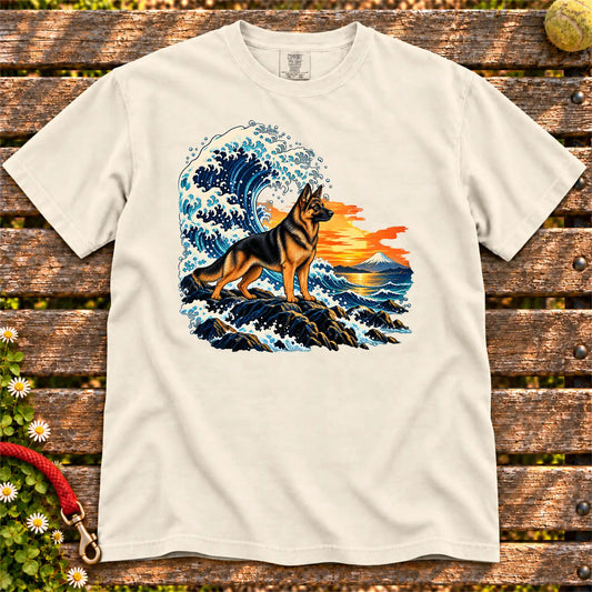 German Shepherd dog with ocean waves, sunset and Mount Fuji on a Ivory Comfort Colors T-shirt