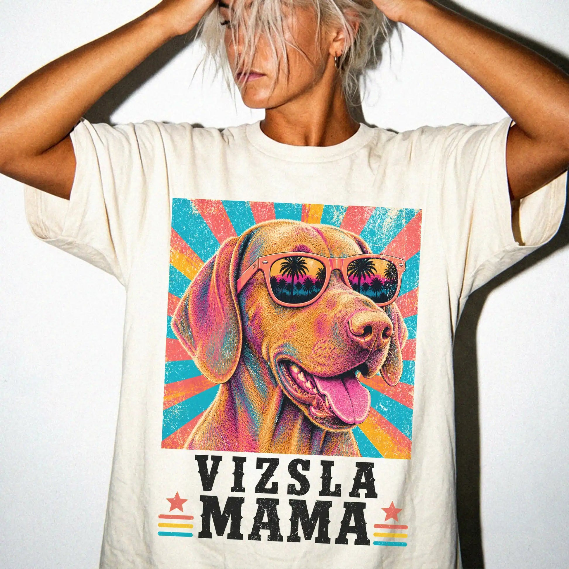 Retro Vizsla Mama design on a Ivory Comfort Colors T-shirt worn by a model