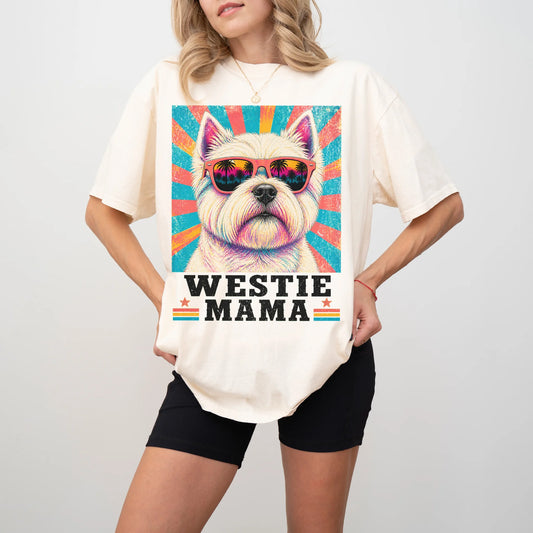 Retro Westie Mama design on a Ivory Comfort Colors T-shirt worn by a model