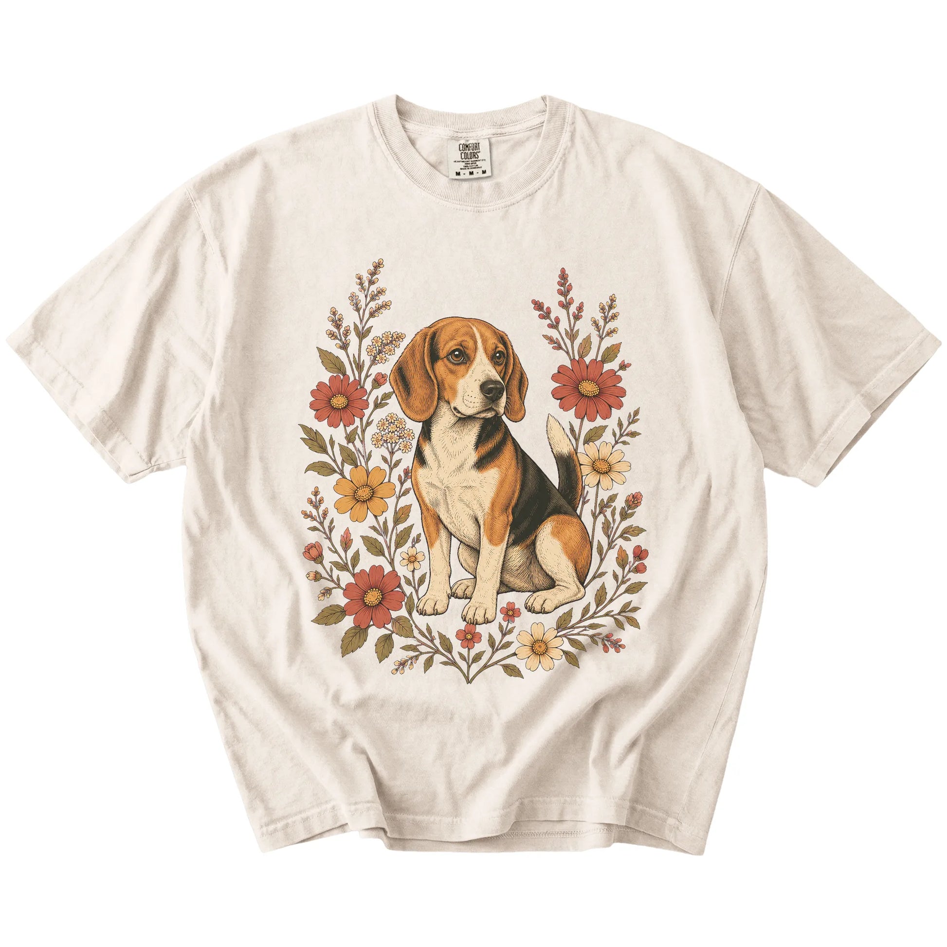 Beagle portrait surrounded by wildflowers beneath the moon on an Ivory Comfort Colors® T-shirt