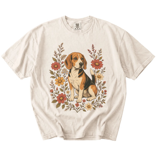 Beagle portrait surrounded by wildflowers beneath the moon on an Ivory Comfort Colors® T-shirt