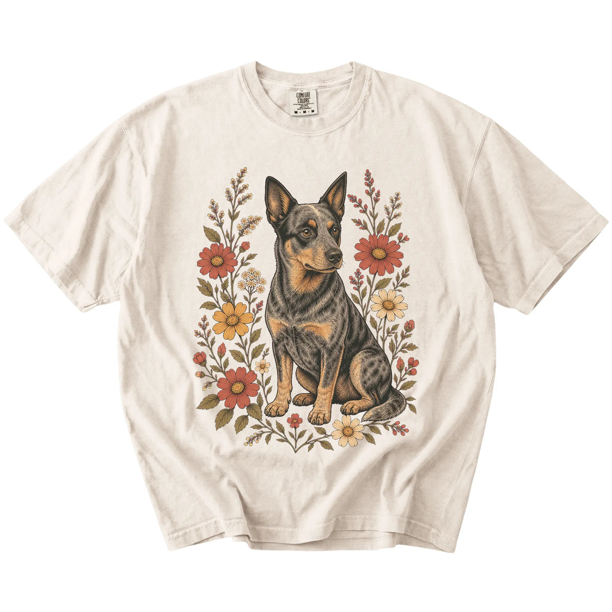 Blue Heeler portrait surrounded by wildflowers beneath the moon on an Ivory Comfort Colors® T-shirt