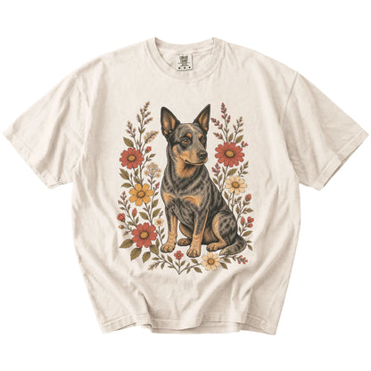 Blue Heeler portrait surrounded by wildflowers beneath the moon on an Ivory Comfort Colors® T-shirt