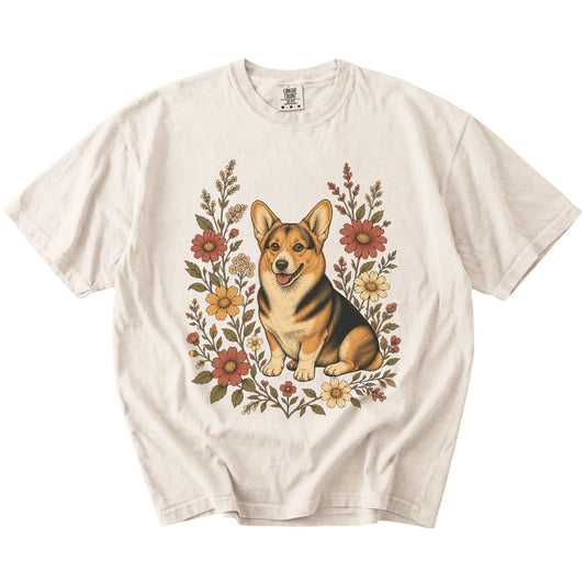 Corgi portrait surrounded by wildflowers beneath the moon on an Ivory Comfort Colors® T-shirt