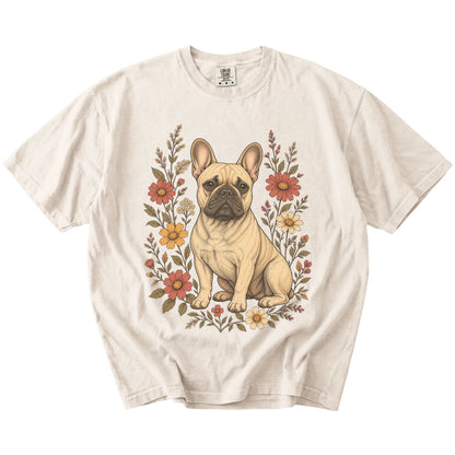 French Bulldog portrait surrounded by wildflowers beneath the moon on an Ivory Comfort Colors® T-shirt