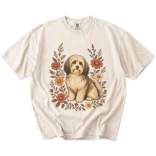 Havanese portrait surrounded by wildflowers beneath the moon on an Ivory Comfort Colors® T-shirt