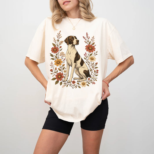 Model wearing an Ivory Comfort Colors® T-shirt showing Pointer portrait surrounded by wildflowers beneath the moon