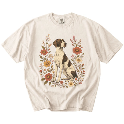 Pointer portrait surrounded by wildflowers beneath the moon on an Ivory Comfort Colors® T-shirt