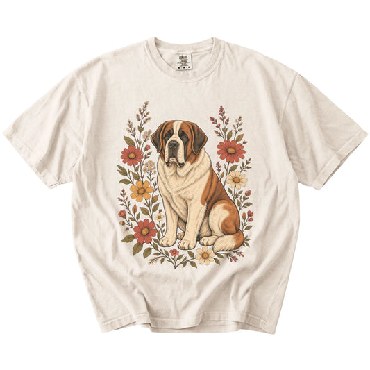 Saint Bernard portrait surrounded by wildflowers beneath the moon on an Ivory Comfort Colors® T-shirt