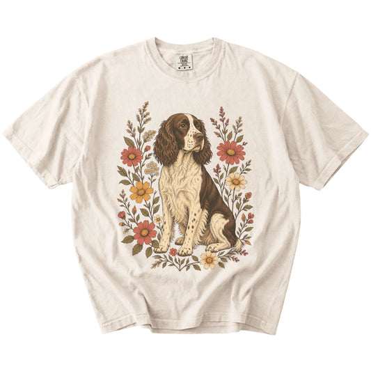 Springer Spaniel portrait surrounded by wildflowers beneath the moon on an Ivory Comfort Colors® T-shirt