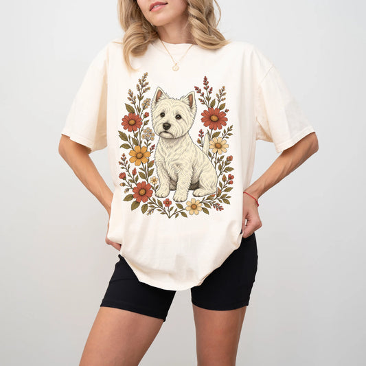 Model wearing an Ivory Comfort Colors® T-shirt showing Westie portrait surrounded by wildflowers beneath the moon