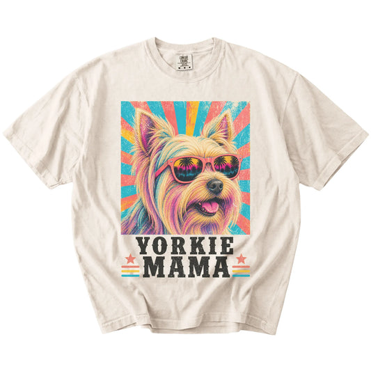 Retro Yorkie Mama design on a Ivory Comfort Colors T-shirt