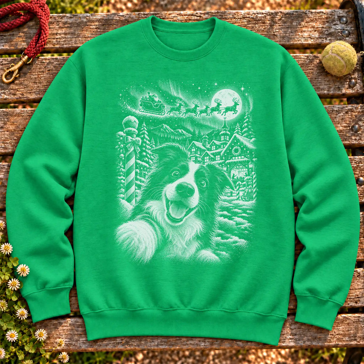 Border Collie Santa Selfie design on a Irish Green crewneck sweatshirt