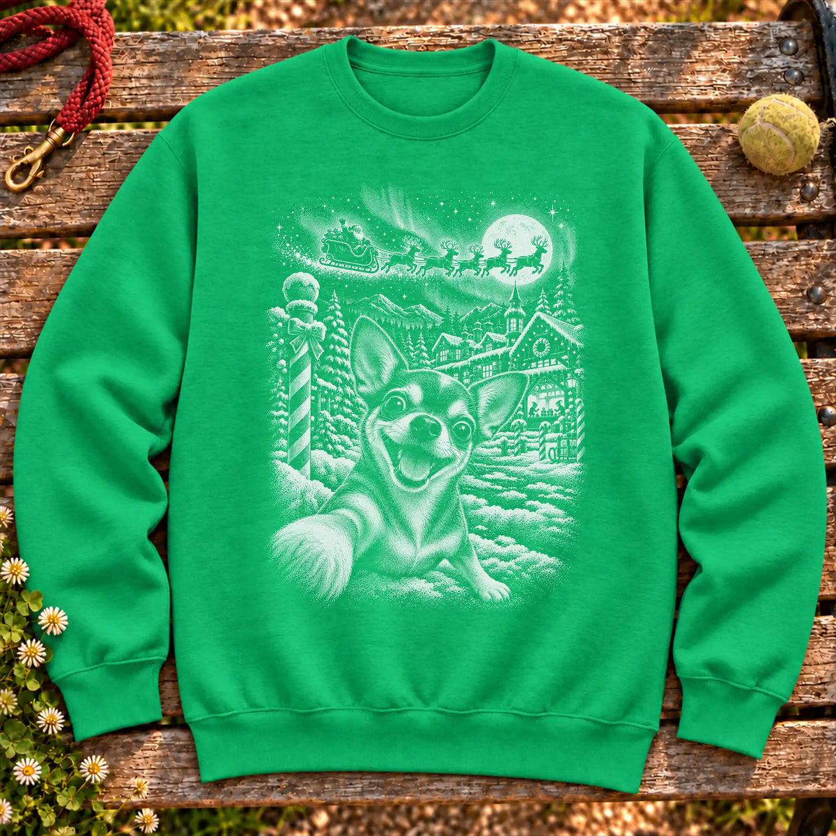 Chihuahua Santa Selfie design on a Irish Green crewneck sweatshirt