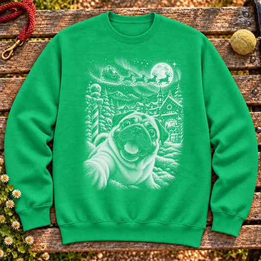 Pug Santa Selfie design on a Irish Green crewneck sweatshirt
