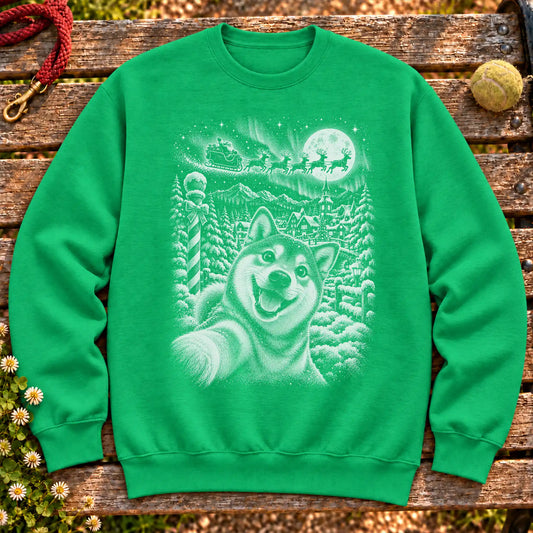 Shiba Inu Santa Selfie design on a Irish Green crewneck sweatshirt