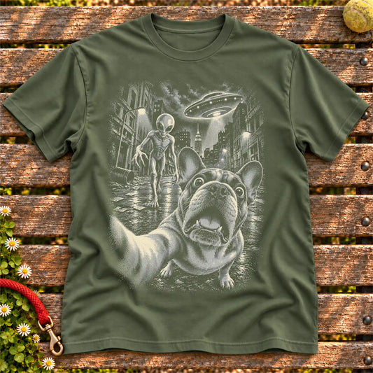 French Bulldog Alien Selfie Softstyle T-shirt in Military Green