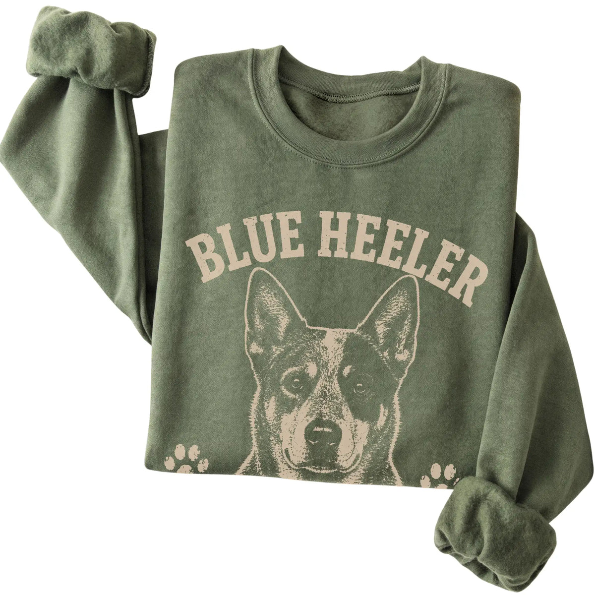Military Green crewneck sweatshirt featuring Always Working, Even When I'm Not - Blue Heeler, folded presentation