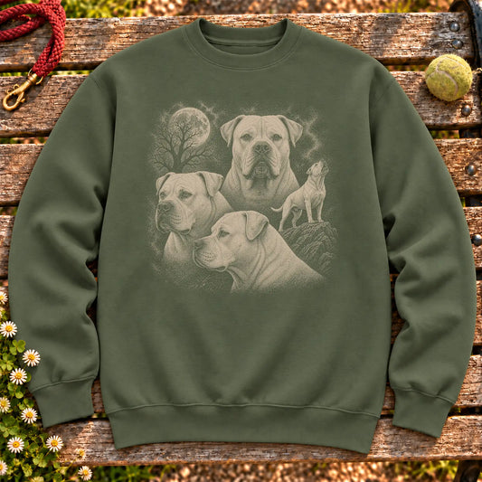 American Bulldog 90s Moon design on a Military Green crewneck sweatshirt shown flat