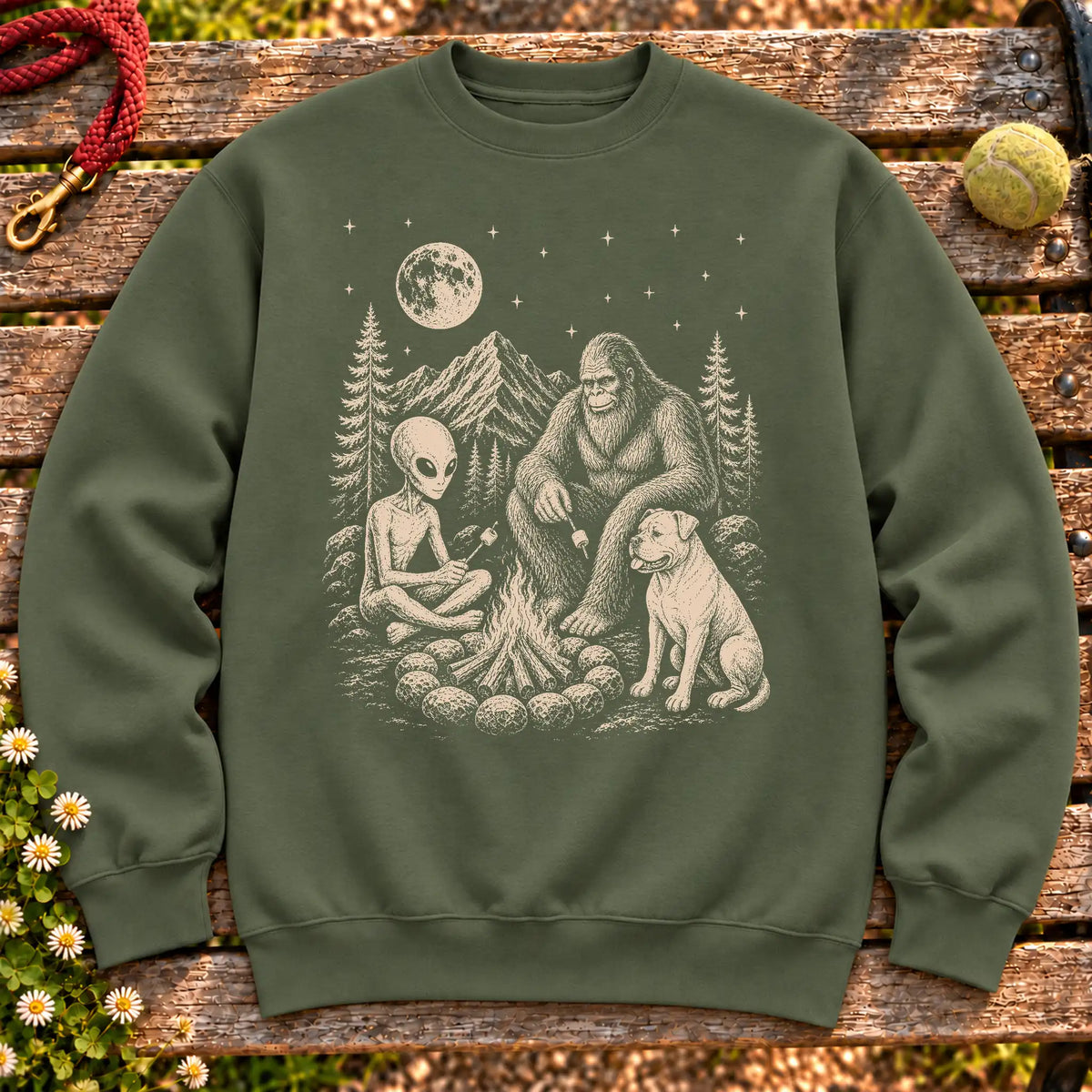 American Bulldog Camping with Bigfoot and Alien on a Military Green crewneck sweatshirt, shown flat