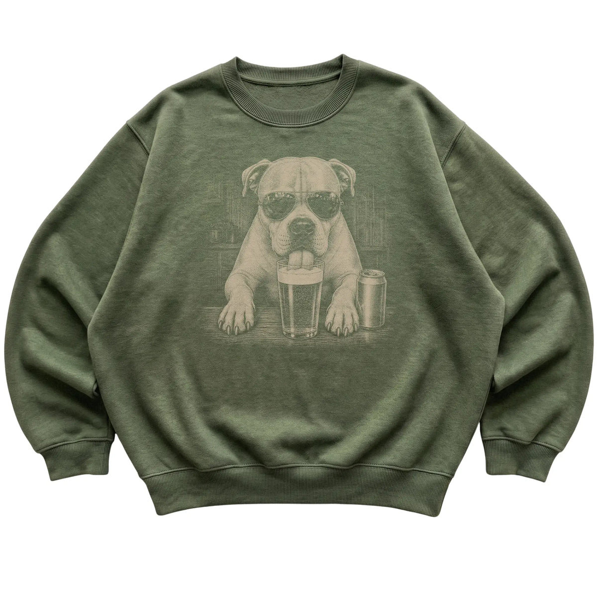 Military Green American Bulldog drinking from a pint at a bar, laid flat