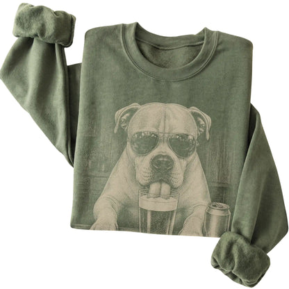 Military Green American Bulldog drinking from a pint at a bar, folded detail view