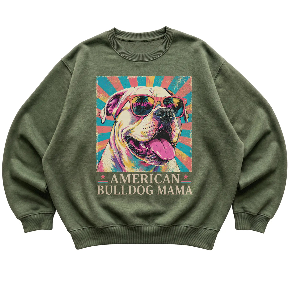 Retro American Bulldog Mama design on a Military Green crewneck sweatshirt