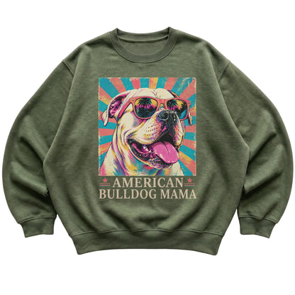 Retro American Bulldog Mama design on a Military Green crewneck sweatshirt