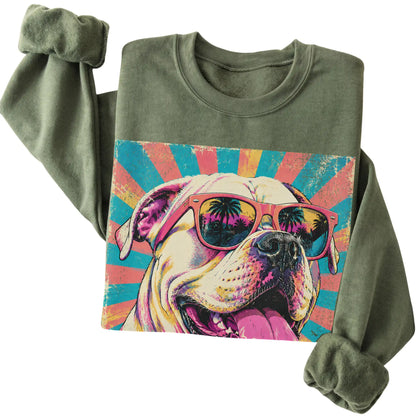Folded Military Green crewneck sweatshirt with a Retro American Bulldog Mama design
