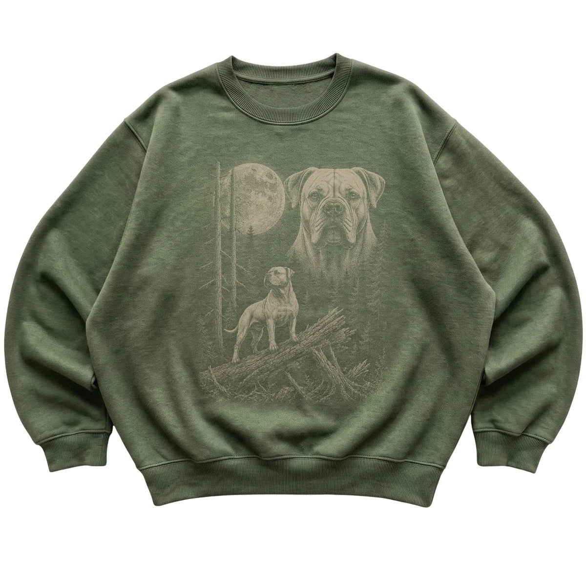 American Bulldog Moonlit Forest graphic on a military green crewneck sweatshirt laid flat