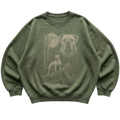 American Bulldog Moonlit Forest graphic on a military green crewneck sweatshirt laid flat