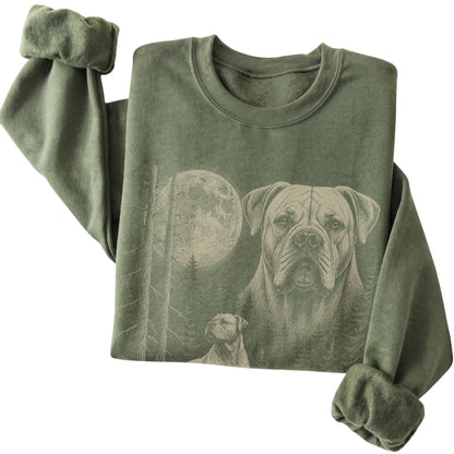 Folded military green crewneck sweatshirt showing the American Bulldog Moonlit Forest graphic