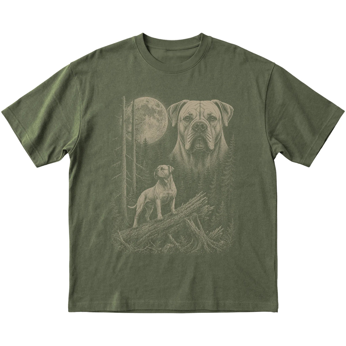 American Bulldog Moonlit Forest graphic on a military green Softstyle T-shirt laid flat