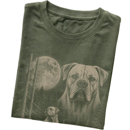 Folded military green Softstyle T-shirt showing the American Bulldog Moonlit Forest graphic