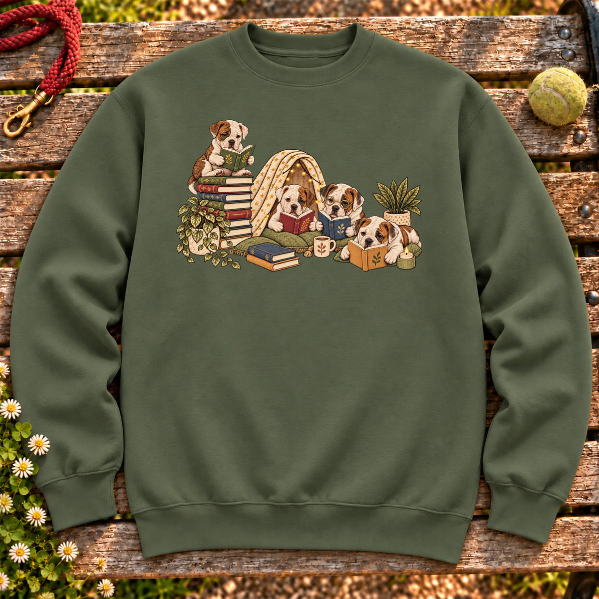 American Bulldog puppies reading books in a cozy blanket fort on a Military Green sweatshirt