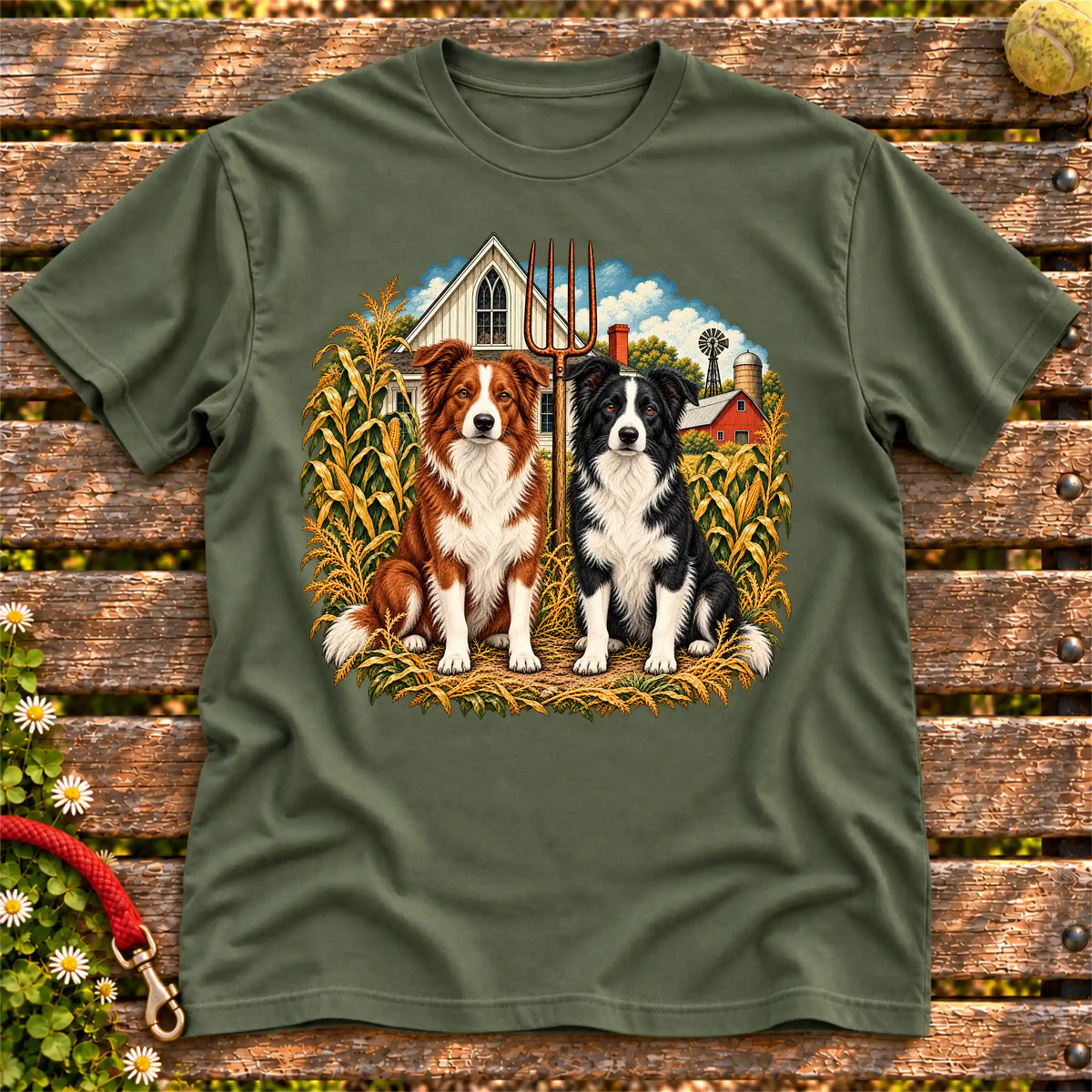 American Dogthic Border Collie farmhouse design on a Military Green Gildan® Softstyle T-shirt