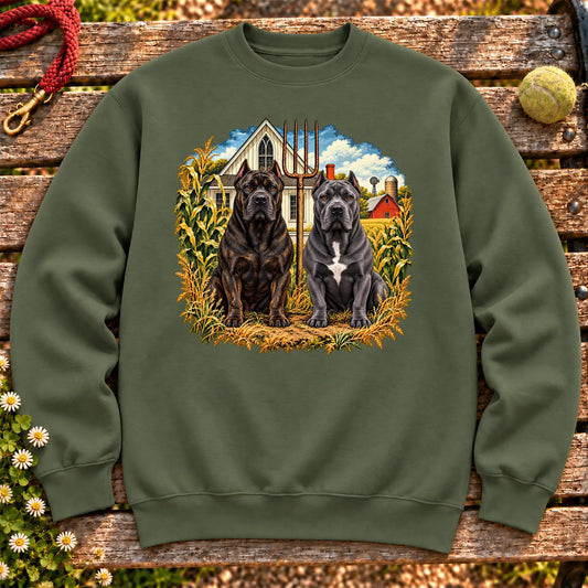 American Dogthic Cane Corso farmhouse design on a Military Green Gildan® Heavy Blend sweatshirt