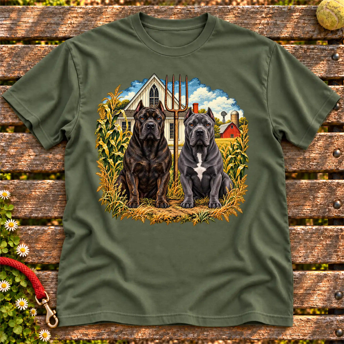 American Dogthic Cane Corso farmhouse design on a Military Green Gildan® Softstyle T-shirt