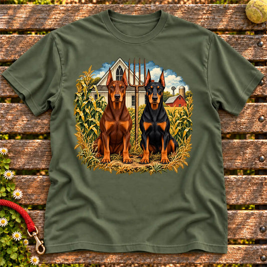 American Dogthic Doberman farmhouse design on a Military Green Gildan® Softstyle T-shirt