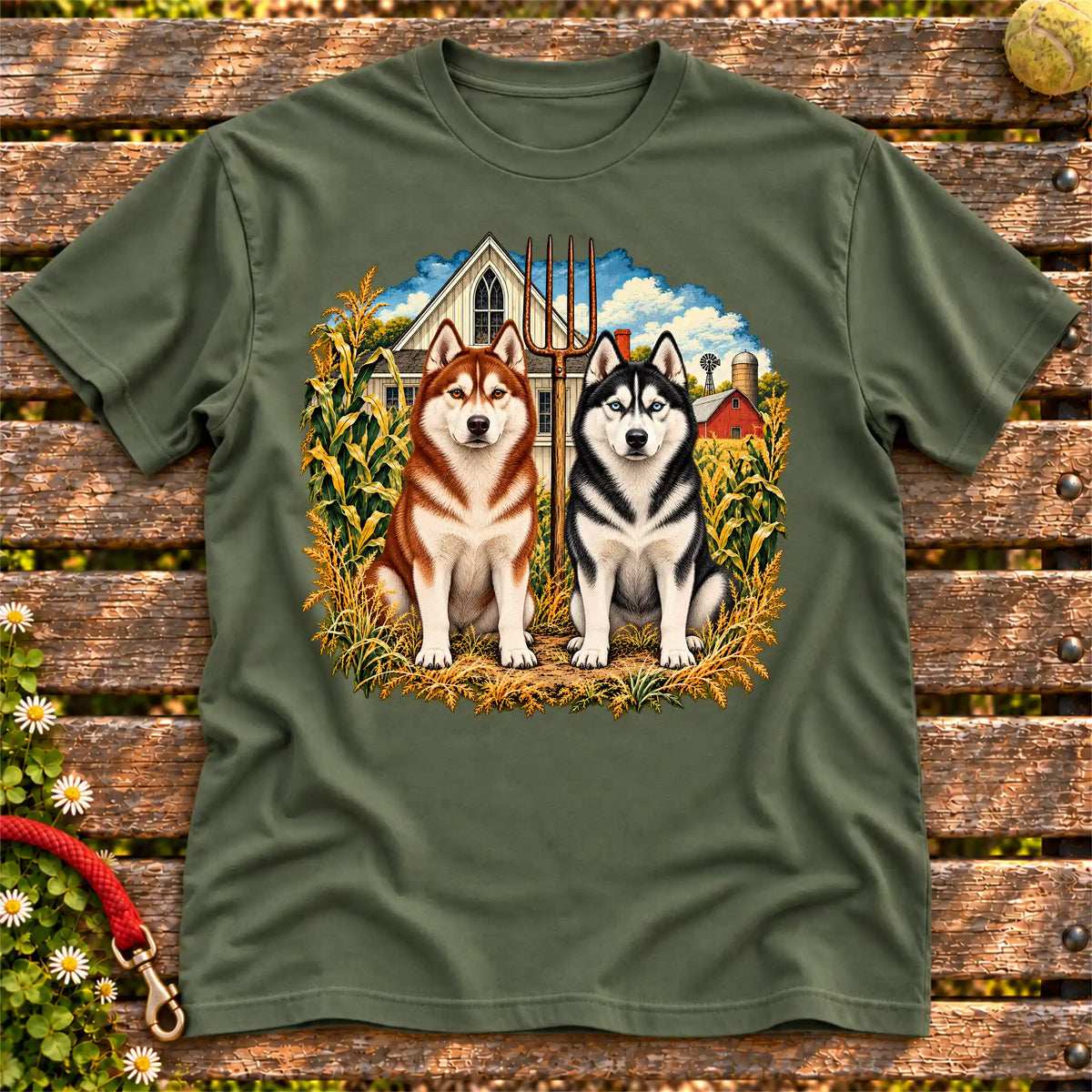 American Dogthic Husky farmhouse design on a Military Green Gildan® Softstyle T-shirt